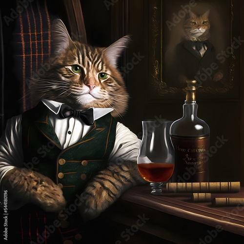 A distinguished red-haired gentleman cat dressed in green Scottish attire drinks Scotch whiskey in his classic men's office. Artistic modern digital painting.