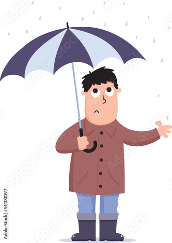 Cartoon of a man standing under an umbrella he’s holding on a wet and rainy day. Isolated on white.