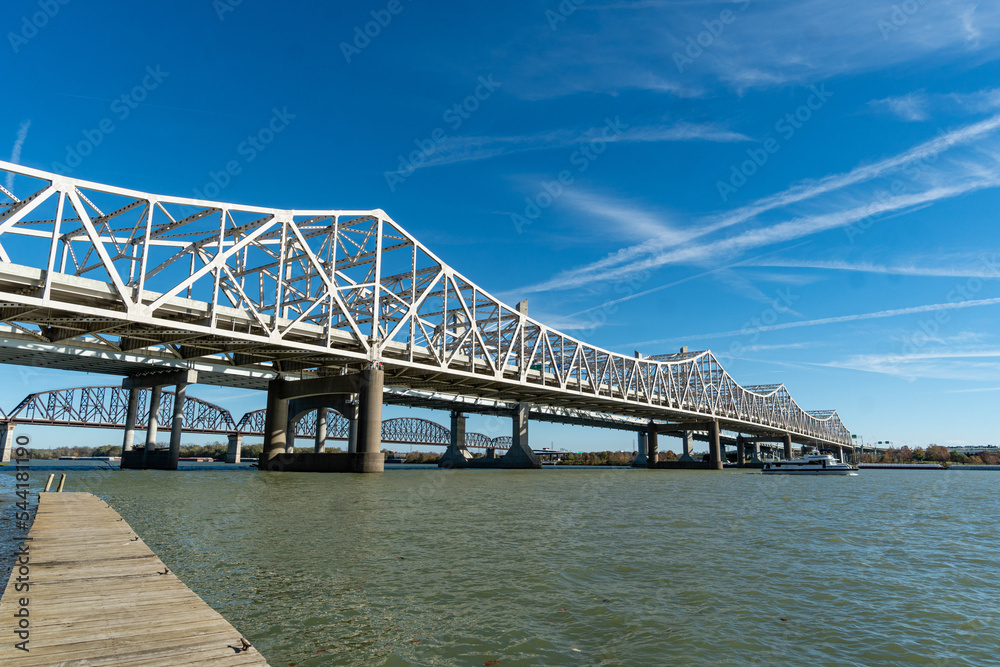 Louisville, KY and the Abraham Lincoln and John F. Kennedy Bridges over the Ohio River as seen from the Clarksville/Jefferson, IN Area