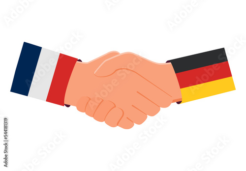Handshake and two flags France and Germany.Diplomats of France and Germany business agreement handshake.Diplomacy between countries.Vector flat illustration.