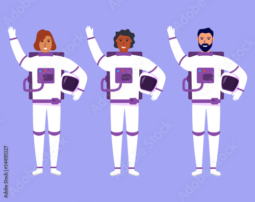 Joyful female,african american man astronaut space suit.Spacewoman with helmet.Girl cosmonaut or space.Isolated on white background. Vector flat illustration.