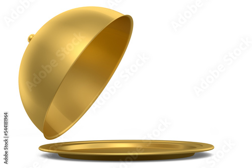 Gold tray with cloche ready to serve isolated on white background