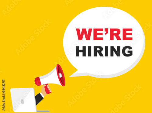 We are hiring banner with loudspeaker. Hiring recruitment announcement. Open vacancy speech poster. Join our team. Banner for marketing, advertising and business. Vector illustration.