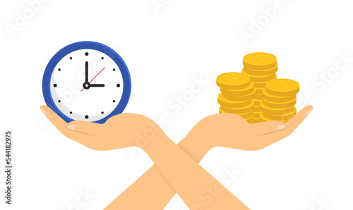 Time is money. The comparison in one hand is a clock, and in the other a money. Business and financial concept. Vector flat design.