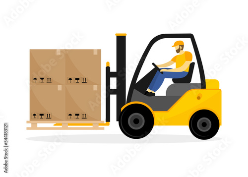 Forklift truck with driver. Electric forklift with boxes. Delivery, shipping cargo, freight load and logistics. Warehouse special machine. Vector illustration.