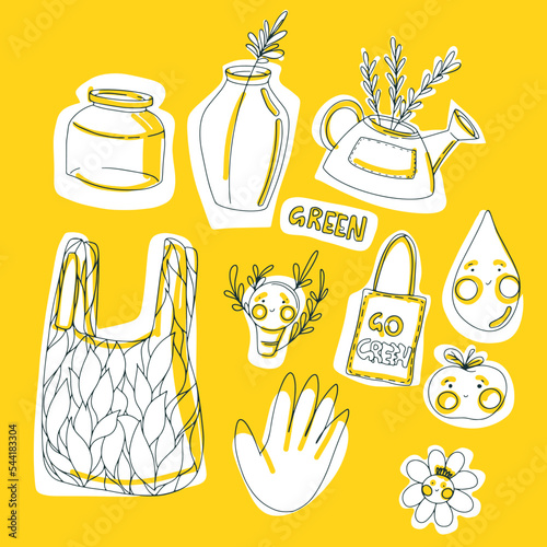 Ecological stickers. Ecology stickers with zero waste, use your own bag, use your cup, reuse. Bright vector design elements.