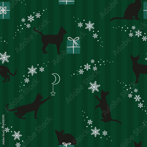 Świąteczny powtarzający się wzór. Koty bawiące się gwiazdkami, prezenty i płatki śniegu. Magiczna bożonarodzeniowa scena. Ilustracja wektorowa na ciemnym zielonym tle. Powtarzalny wzór.