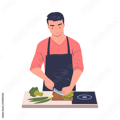 Man Character Cooking at Home Chopping Vegetables with Knife Standing at Table Vector Illustration