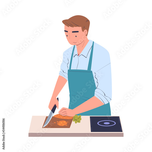 Man Character Cooking at Home Standing at Table Chopping Carrot with Knife Vector Illustration