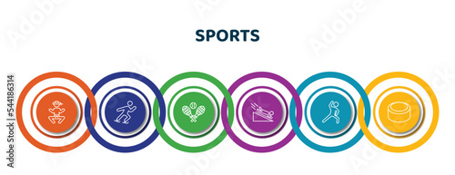 editable thin line icons with infographic template. infographic for sports concept. included wushu, ice skating man, tennis game, scuba diving, stretching, hockey puck icons.