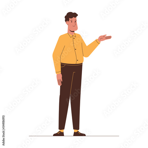 Cartoon man showing or presenting something by hand wearing yellow shirt and brown pants. Flat vector isolated illustration.