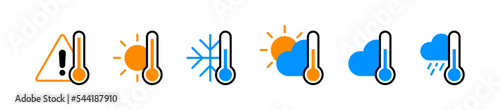 A set of weather icons with the sun, snowflake, cloud with rain and a warning sign outline style colors vector illustration