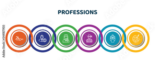 editable thin line icons with infographic template. infographic for professions concept. included archeologist, accountant, air hostess, thief, politician, artist icons.