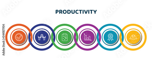 editable thin line icons with infographic template. infographic for productivity concept. included done, practice, tactics, bar graph, premium, hard hat icons.