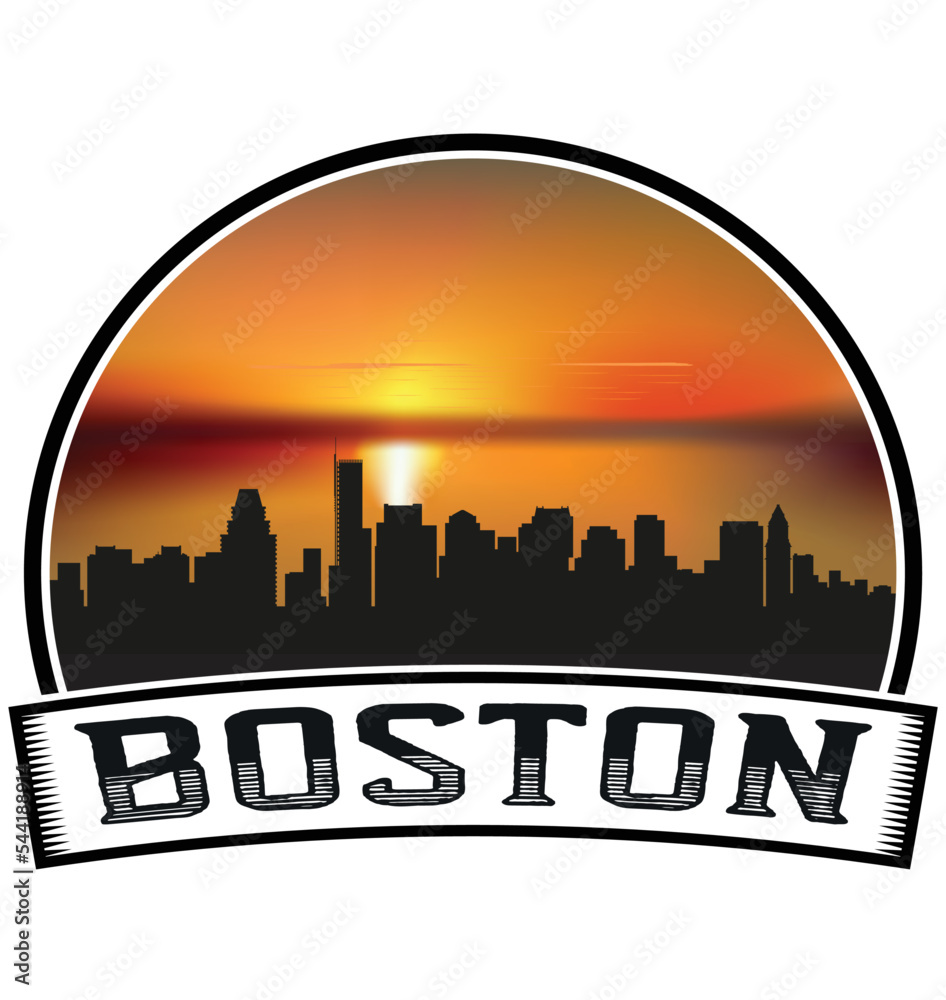 Boston Massachusetts USA Skyline Sunset Travel Souvenir Sticker Logo Badge Stamp Emblem Coat of Arms Vector Illustration EPS