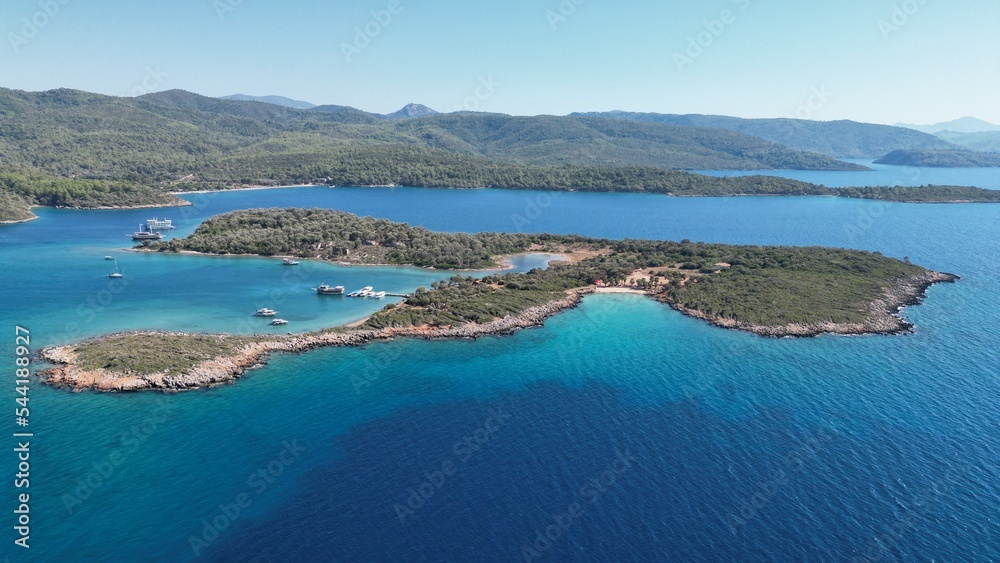 Aerial View of the Sedir Island in Marmaris, Mugla, Turkey. September 2022