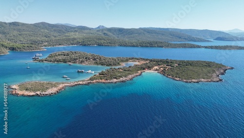 Aerial View of the Sedir Island in Marmaris, Mugla, Turkey. September 2022