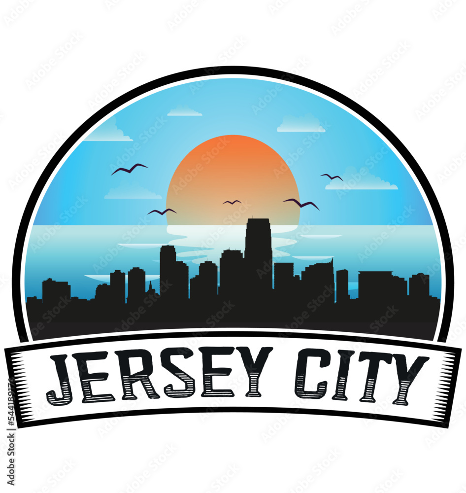 Jersey City New Jersey USA Skyline Sunset Travel Souvenir Sticker Logo Badge Stamp Emblem Coat of Arms Vector Illustration EPS
