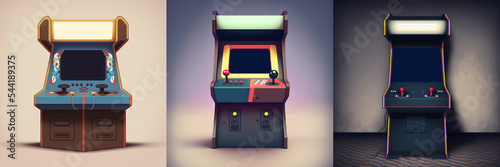 Arcade game screen. 80s retro start play and game over interface screen. 3d illustration photo