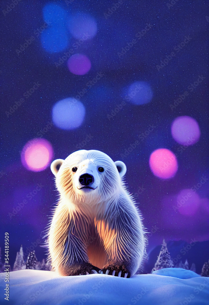 Christmas polar bear in the winter landscape. Polar bear santa. Magical