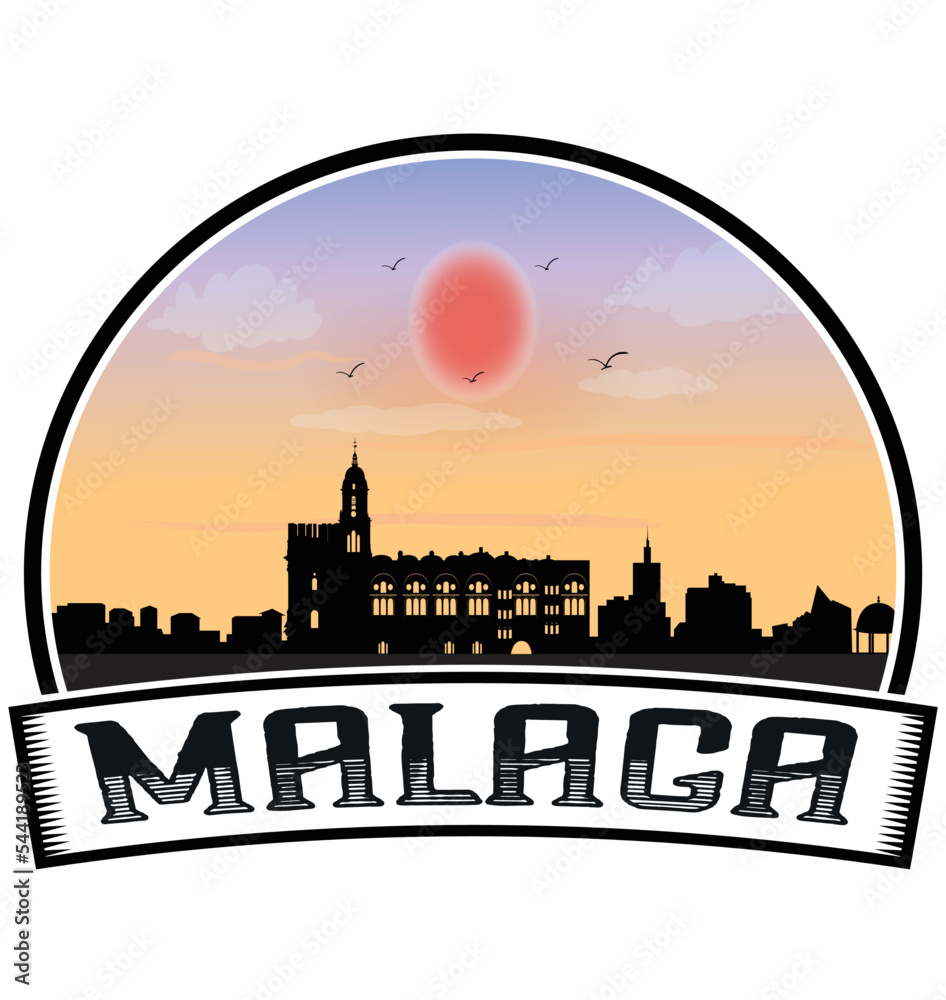 Malaga Spain Skyline Sunset Travel Souvenir Sticker Logo Badge Stamp Emblem Coat of Arms Vector Illustration EPS