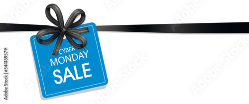 Ribbon and tag with text CYBER MONDAY SALE on white background