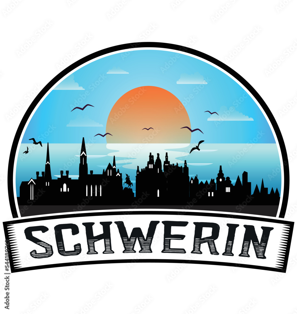 Schwerin Germany Skyline Sunset Travel Souvenir Sticker Logo Badge Stamp Emblem Coat of Arms Vector Illustration EPS