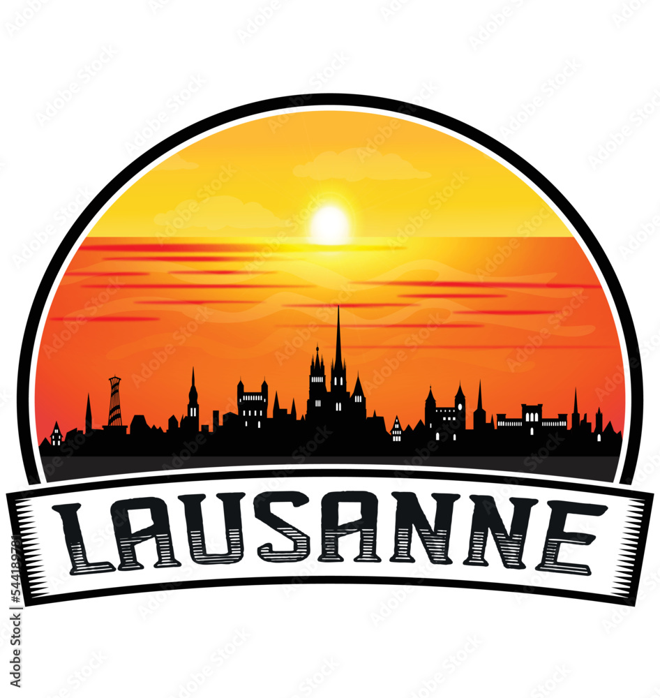 Lausanne Switzerland Skyline Sunset Travel Souvenir Sticker Logo Badge Stamp Emblem Coat of Arms Vector Illustration EPS