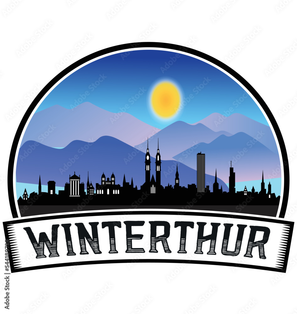 Winterthur Switzerland Skyline Sunset Travel Souvenir Sticker Logo Badge Stamp Emblem Coat of Arms Vector Illustration EPS