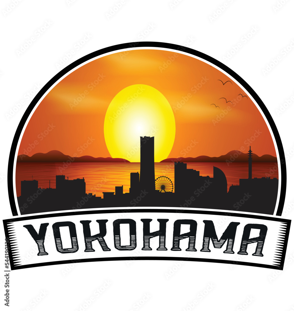 Yokohama Japan Skyline Sunset Travel Souvenir Sticker Logo Badge Stamp Emblem Coat of Arms Vector Illustration EPS