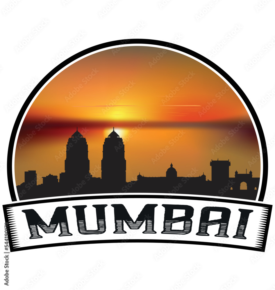 Mumbai India Skyline Sunset Travel Souvenir Sticker Logo Badge Stamp Emblem Coat of Arms Vector Illustration EPS