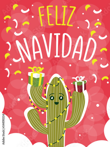 Greeting card with funny Christmas cactus and text FELIZ NAVIDAD on red background