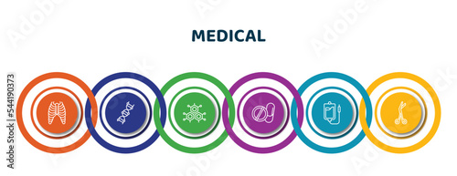 editable thin line icons with infographic template. infographic for medical concept. included sternum, medical chain of dna, molecular structure, drug pills, perfusion, opened medical scissors