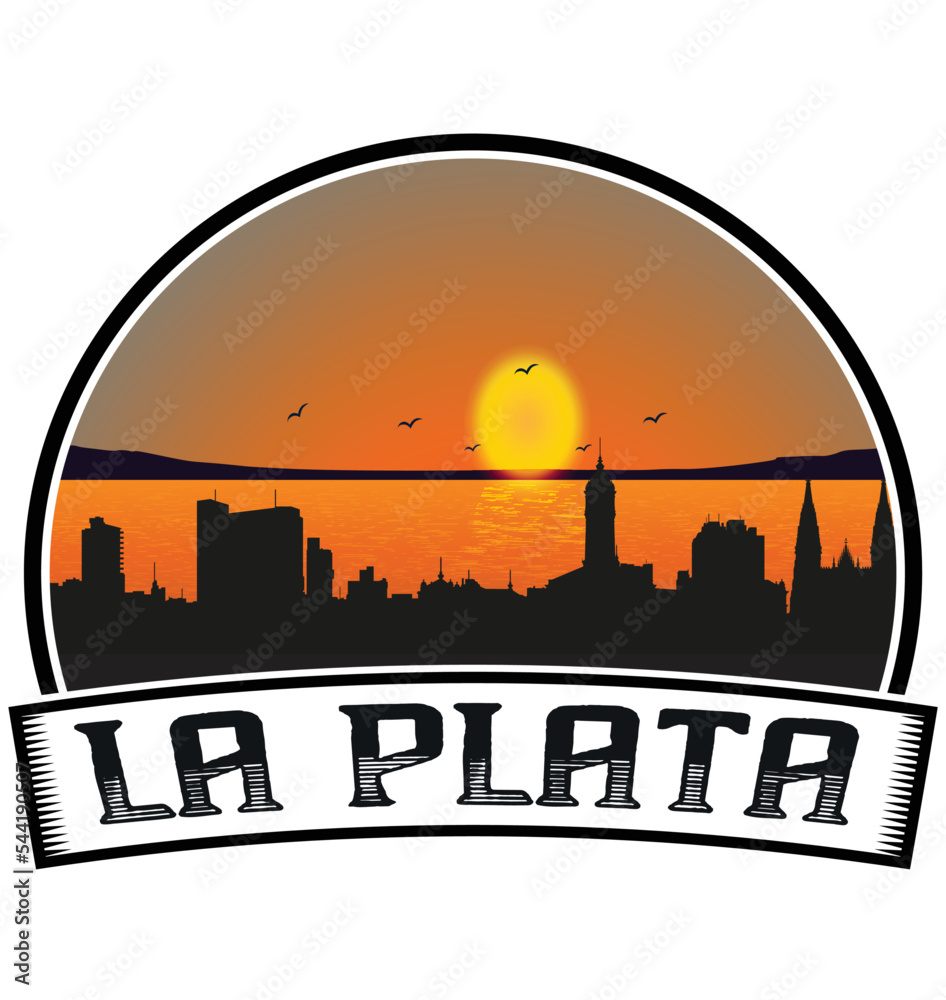 La Plata Argentina Skyline Sunset Travel Souvenir Sticker Logo Badge Stamp Emblem Coat of Arms Vector Illustration EPS