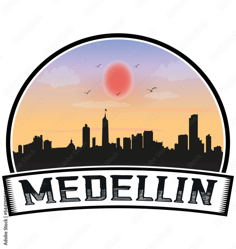 Medellin Colombia Skyline Sunset Travel Souvenir Sticker Logo Badge Stamp Emblem Coat of Arms Vector Illustration EPS