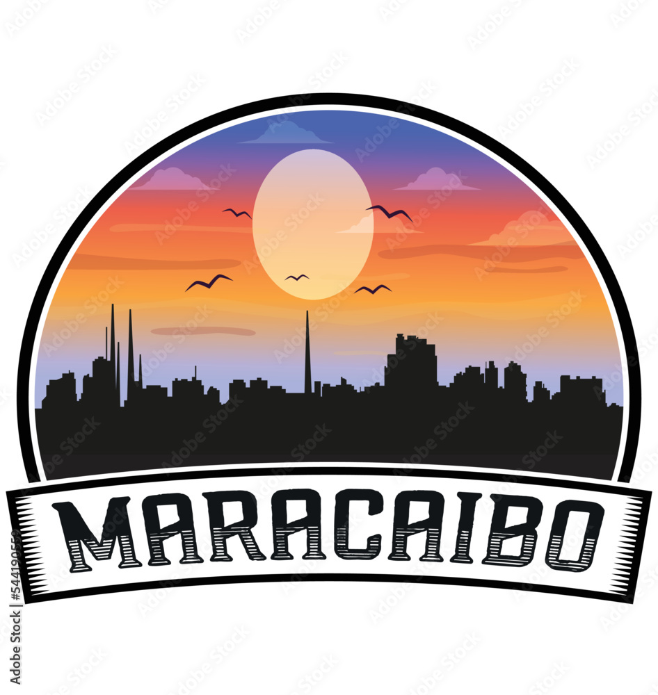 Maracaibo Venezuela Skyline Sunset Travel Souvenir Sticker Logo Badge Stamp Emblem Coat of Arms Vector Illustration EPS