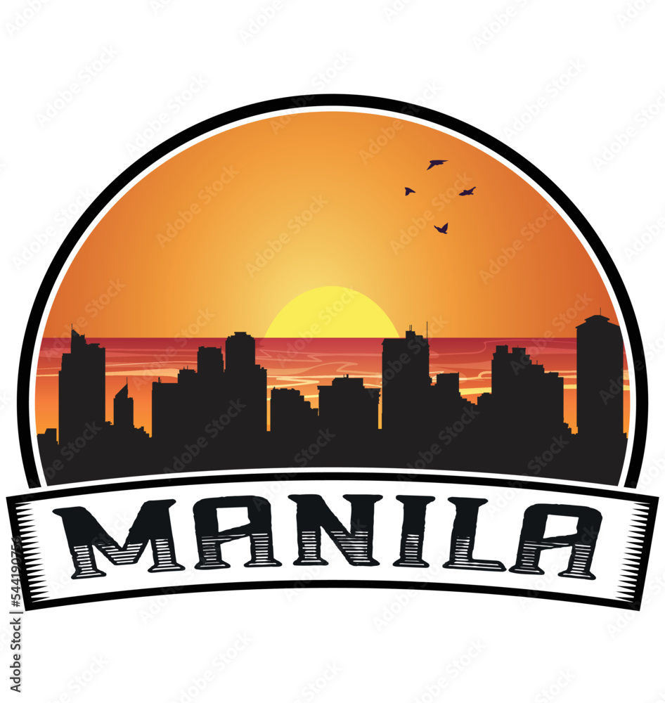 Manila Philippines Skyline Sunset Travel Souvenir Sticker Logo Badge Stamp Emblem Coat of Arms Vector Illustration EPS