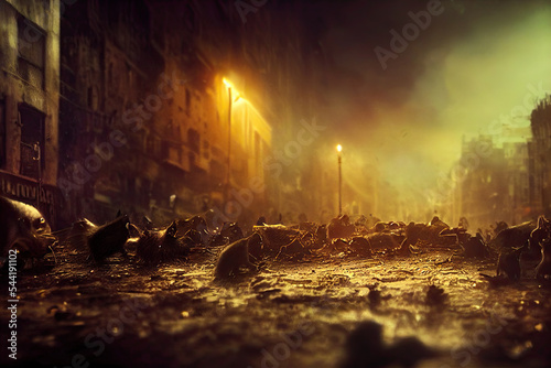 rats run on the urban roads at night in large numbers, forming groups. The epidemic and the pollution conceptual composition. 3D rendering and terrifying Halloween blurred background.
