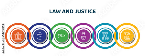 editable thin line icons with infographic template. infographic for law and justice concept. included court, balaclava, electroshock weapon, convict, practise areas, legal paper icons.