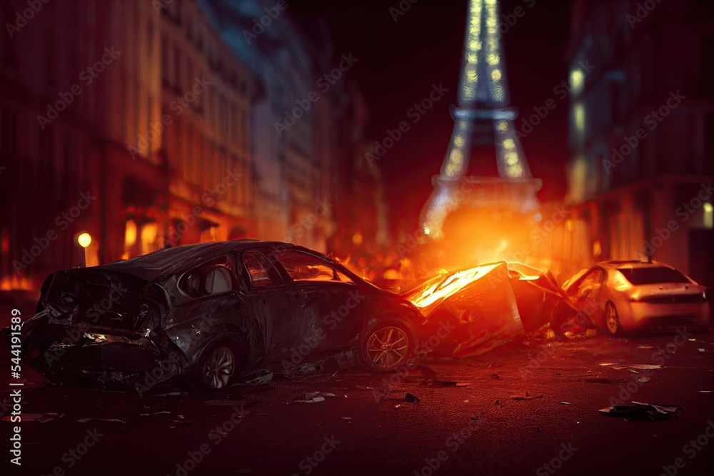 An urban car crash in Paris at night, resulting in damaged and smashed cars. A rollover of smoky generic cars after a street accident collision. The idea of first aid and drive insurance is presented