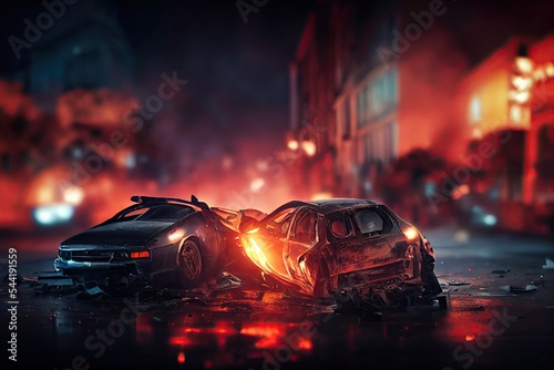 An urban car accident in a city at night, resulting in damaged and smashed car wrecks. After an accident collision, rollovers of smoky generic cars are crashed and burning. photo