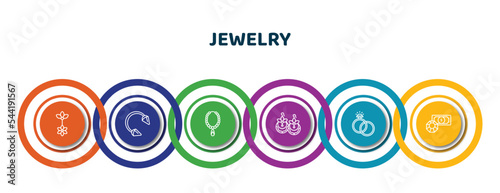 editable thin line icons with infographic template. infographic for jewelry concept. included belly piercing, piercing, pearl necklace, earring, engagement, pawn shop icons.
