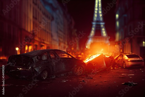 An urban car crash in Paris at night, resulting in damaged and smashed cars. A rollover of smoky generic cars after a street accident collision. The idea of first aid and drive insurance is presented