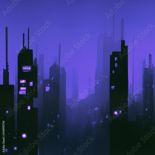 Abstract illustration of a cyberpunk futuristic city. Evening scene of a world of the future. Modern skyscrapers in a fog at evening. Minimalist painting of an urban city in a blue light.