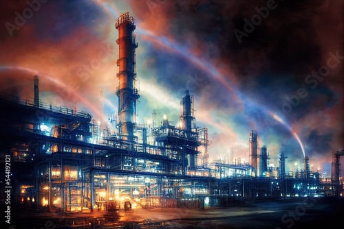 A chemical factory illuminated at night, with colored lights. A polluted pipeline and chimney stack with smoke rising. The concept of pollution and the price of gas. 3D illustration digital painting.