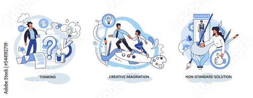 Creative thinking. People with different mental mindset types or model creative. Imaginative logical and structural thinking. MBTI person metaphor. Non standart solution. Brain think people solve idea