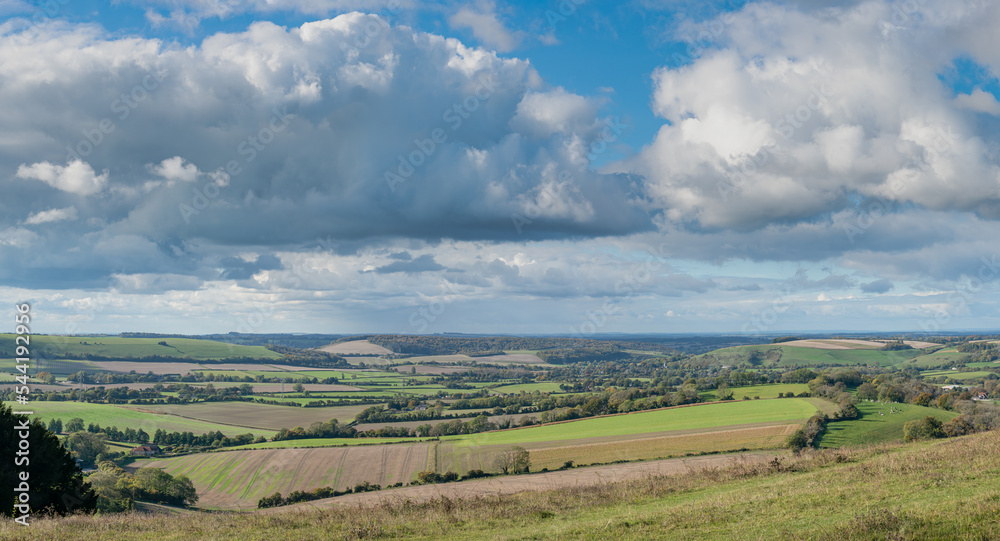 The Meon valley from Butser Hill, looking west, showing the village of East Meon in the distance