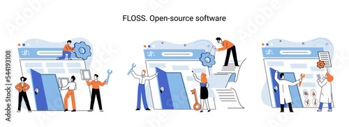 FLOSS open source software. Code of created program open available for viewing modification. Use of already created code to create new versions of programs to correct errors refinement of open program
