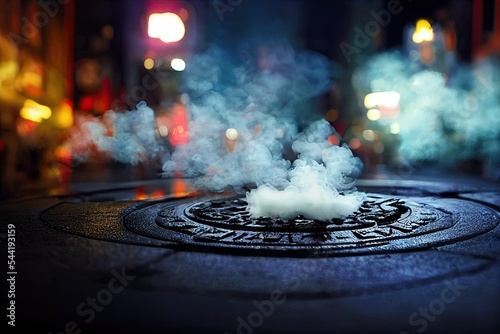 A manhole with smoke of in New York City in the United States. 3D illustration and urban background. photo