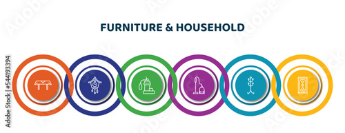 editable thin line icons with infographic template. infographic for furniture & household concept. included table linens, cuckoo clock, sump pump, carpet sweeper, coat stand, rug icons.